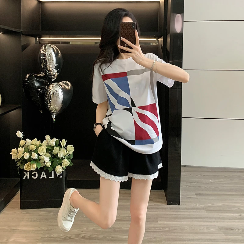 女士夏季新款宽松高级感短袖圆领T恤花边配色短裤时尚休闲套装潮