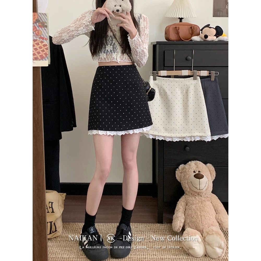奈看【波尔卡假日】蕾丝花边波点A字半身裙女u系减龄高腰短裙子