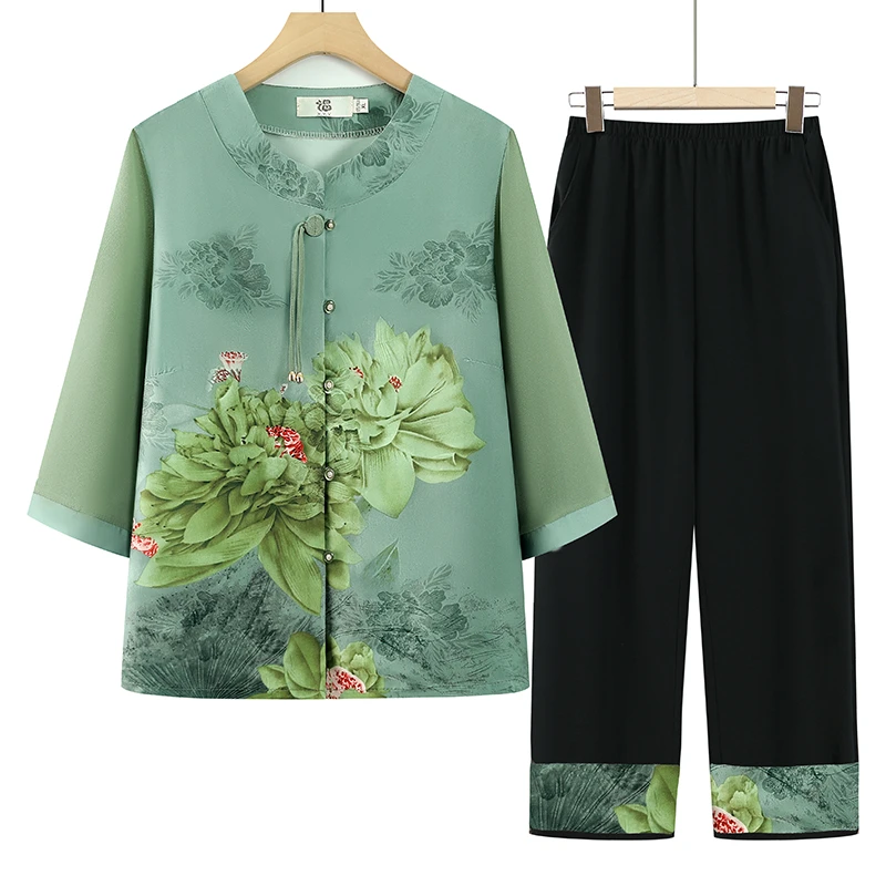 中老年女装夏季薄款套装中国风妈妈装七分袖上衣奶奶装薄款两件套