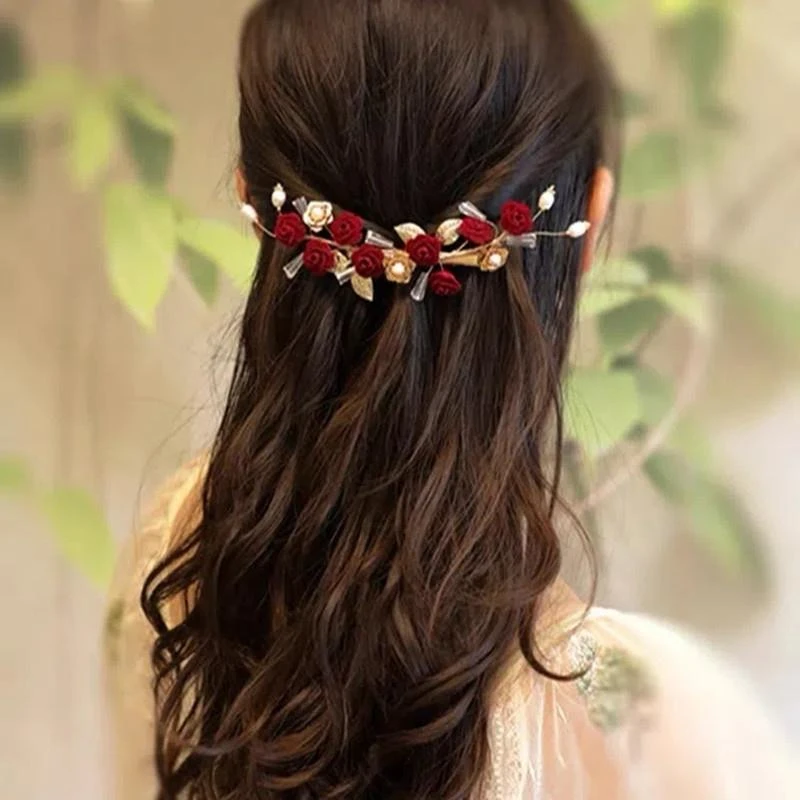 W妈妈婚宴头饰气质红色山茶花发夹女后脑勺发卡喜婆婆旗袍新娘敬