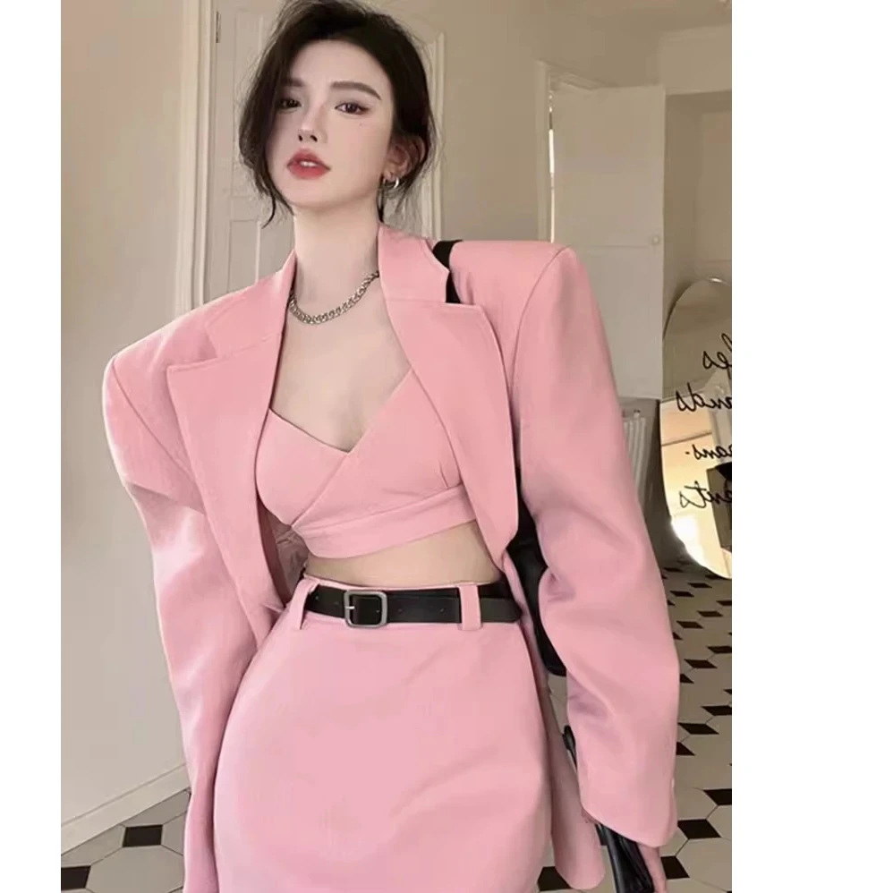 粉色西装外套女2025春季新款辣妹穿搭高级感气质宽松垫肩西服套装