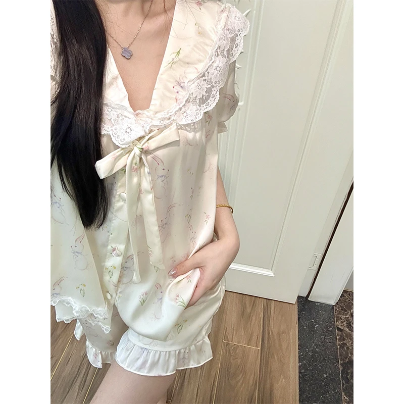 【碎花小兔子】韩系可爱清纯冰丝睡衣女夏季新款可外穿家居服两件套