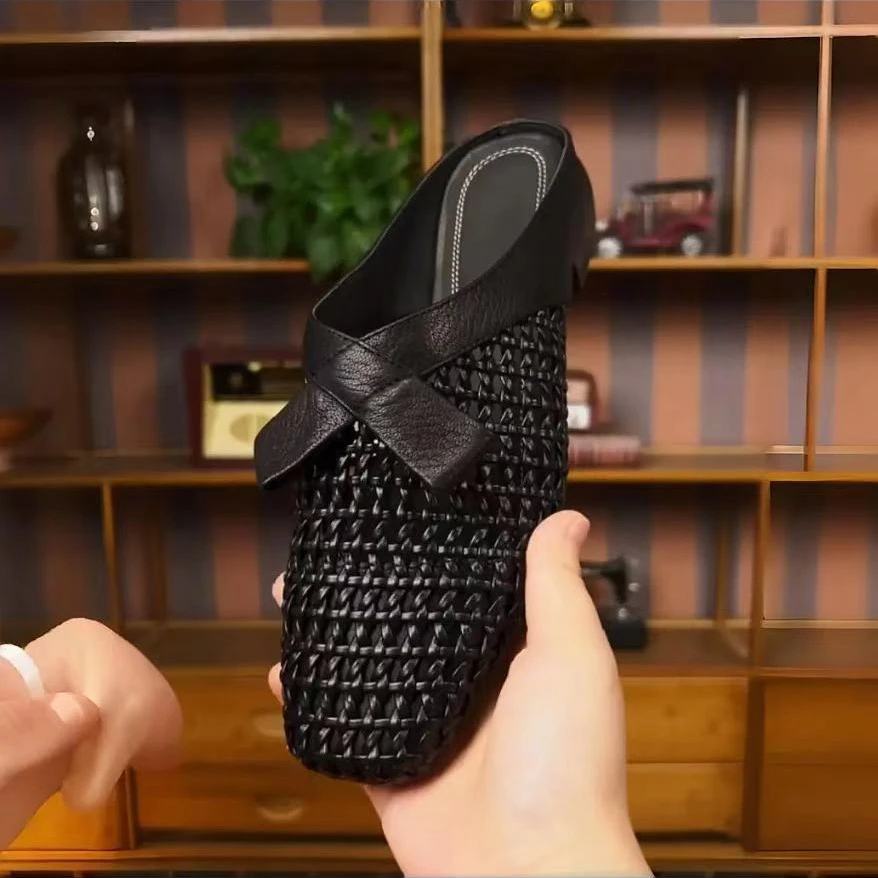 3cm/粗跟软皮蝴蝶结包头半拖鞋女时尚编织镂空法式软底软面拖鞋