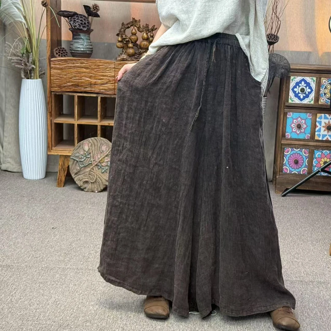 花璟与麻原创设计炒色做旧阔腿裙裤（裤长92臀围144腰围66-110）