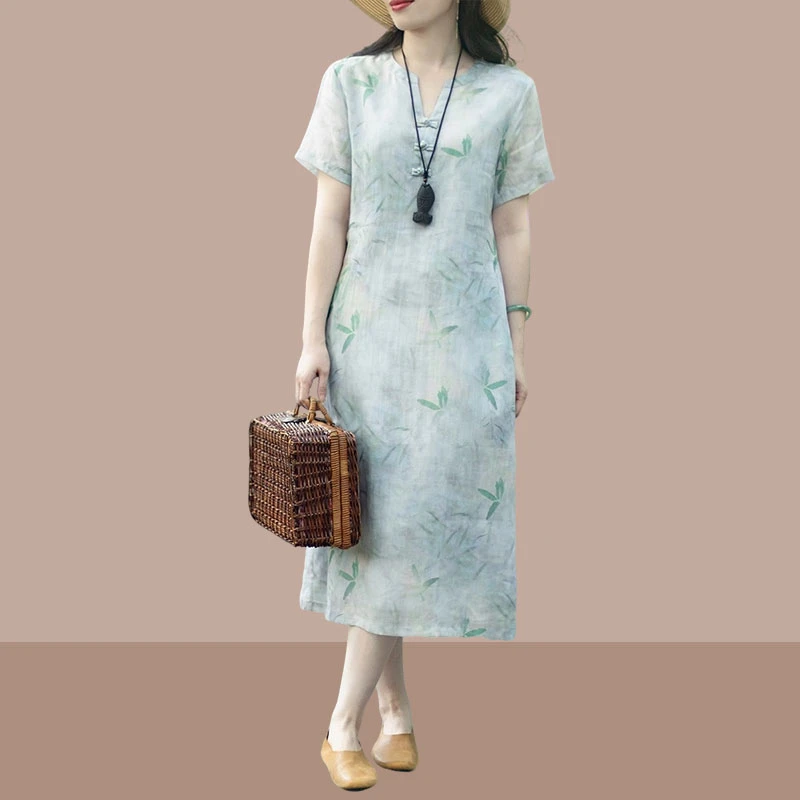 夏季新款文艺清新竹叶印花亚麻V领盘扣短袖设计感a字新中式连衣裙