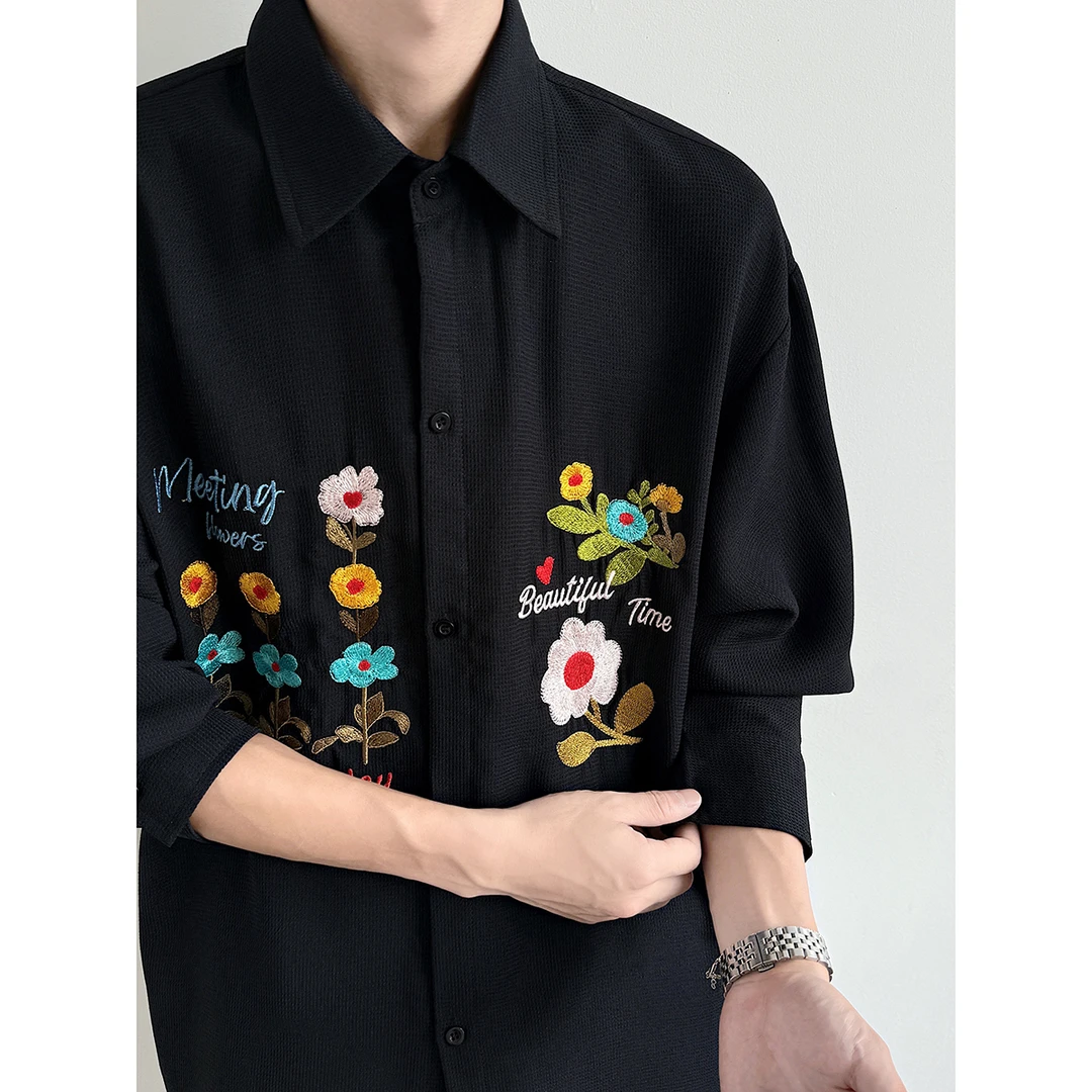 花卉刺绣华夫格长袖衬衫男女情侣春秋美式潮牌慵懒风宽松衬衣外套