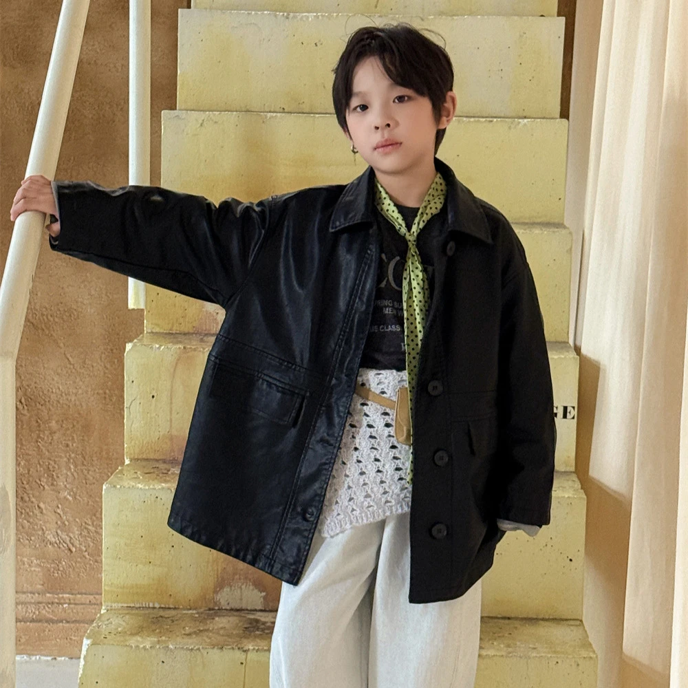 男童翻领外套2025秋季新款韩版儿童装潮酷痞帅洋气中长款皮衣夹克