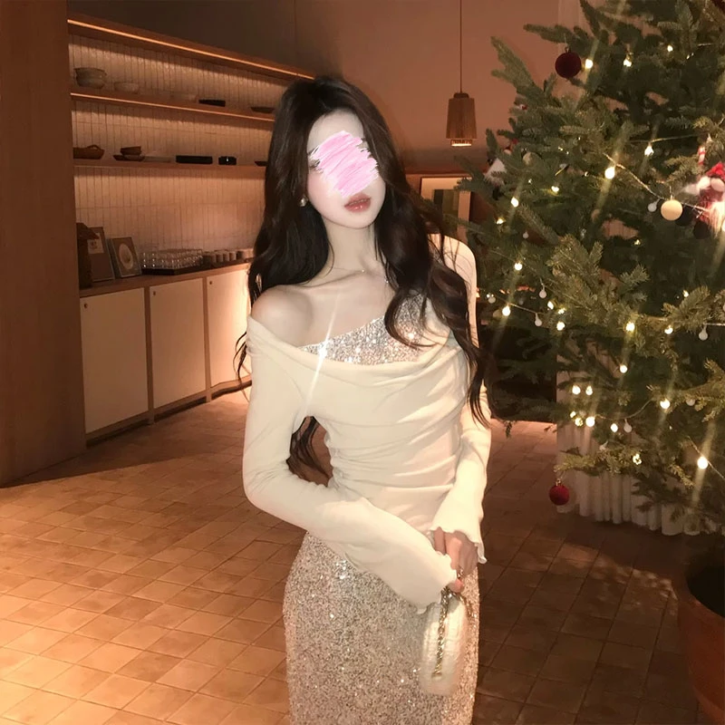 【月纱熠影】计感珠片拼接抽褶针织上衣包臀鱼尾半裙套装