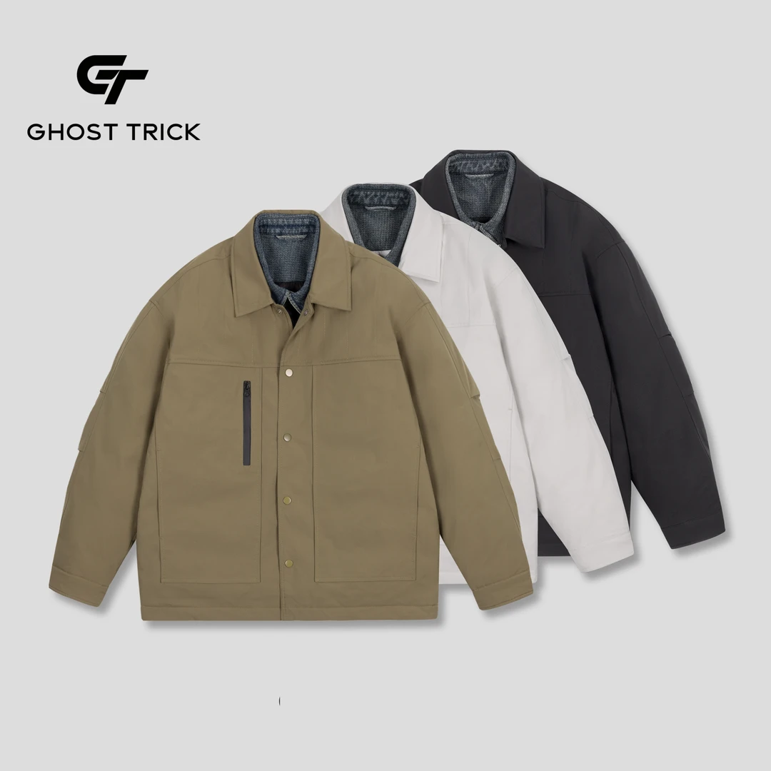 设计师假两件层次牛仔翻领拼接白鸭绒羽绒服3280