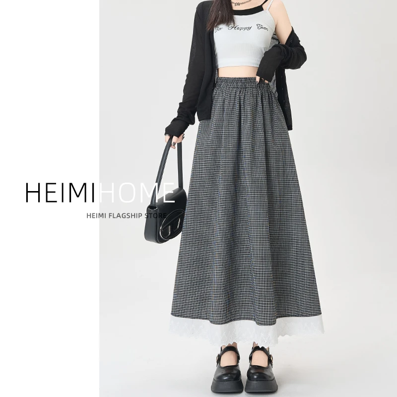 复古黑色蕾丝花边半身裙女夏季款高腰中长裙小个子a字格子裙