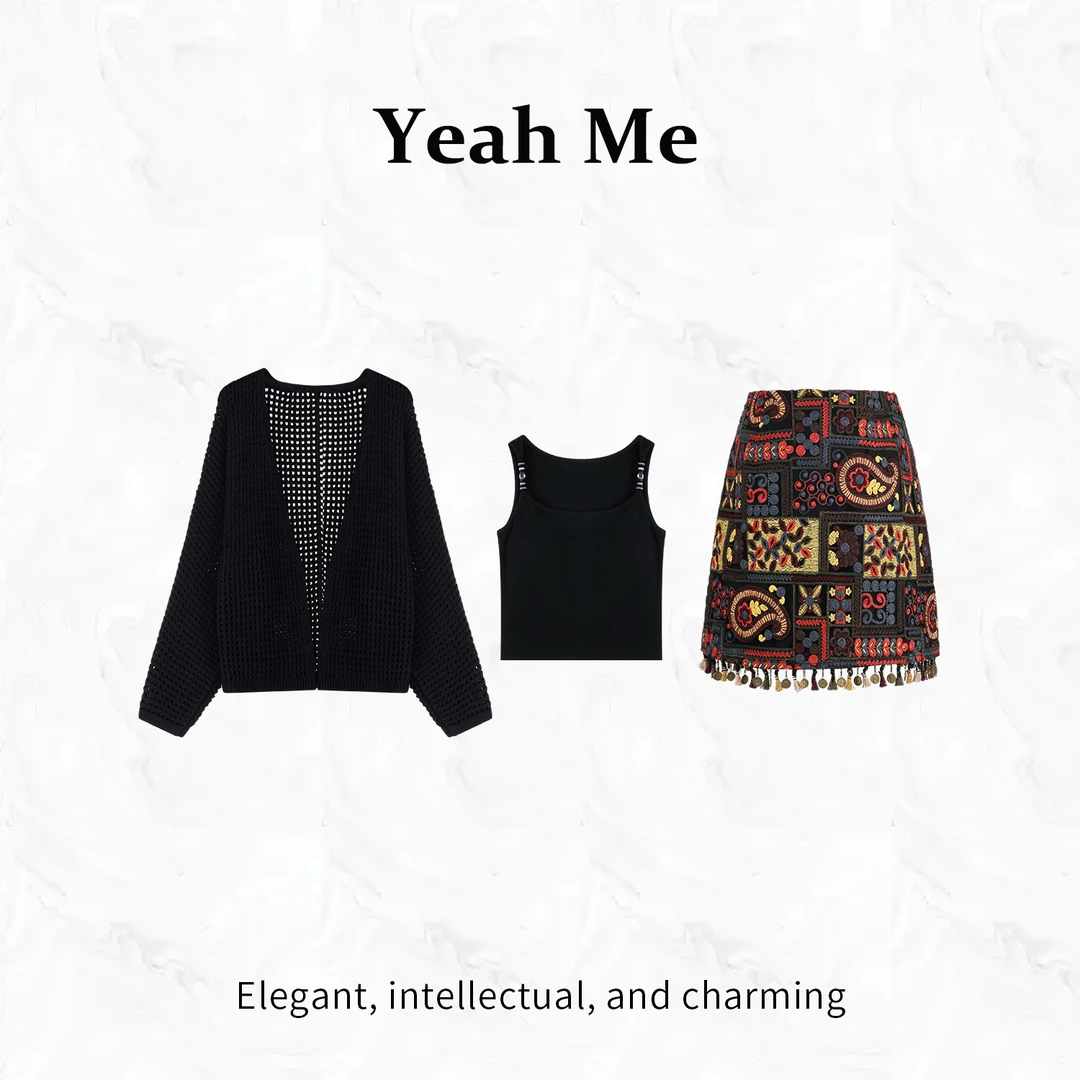 Yeah Me/也觅【彩虹腰果】秋季新款复古高级感刺绣显瘦半身裙套装女