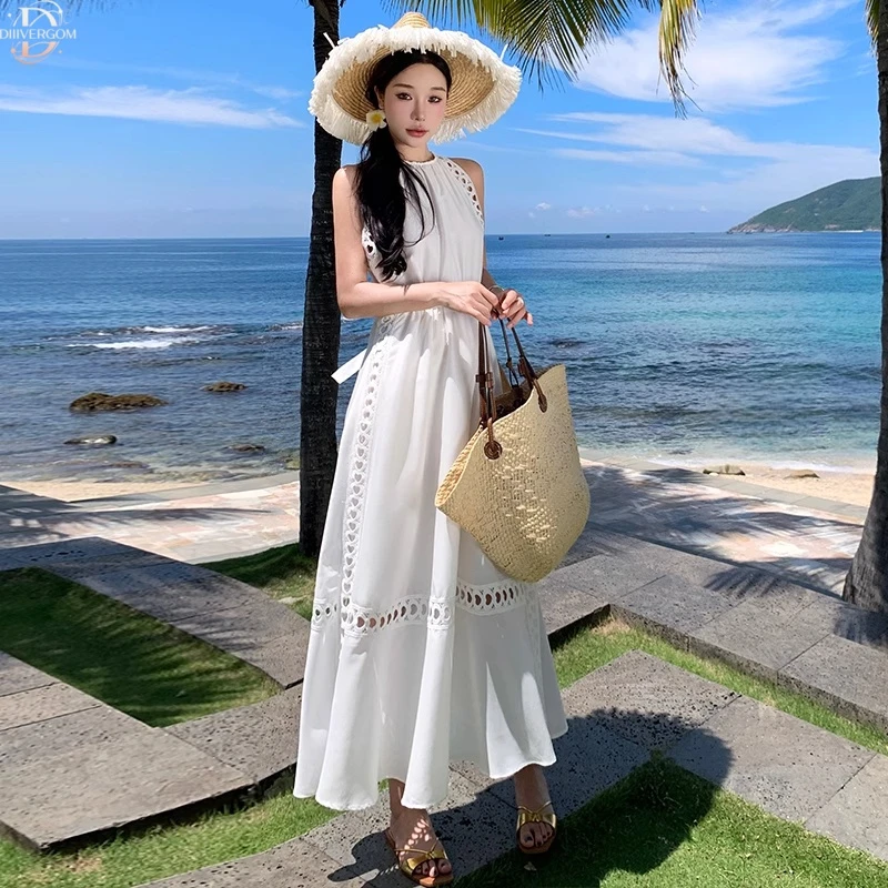 夏季新款纯欲慵懒风挂脖连衣裙女法式气质露腰系带亚麻长款沙滩裙