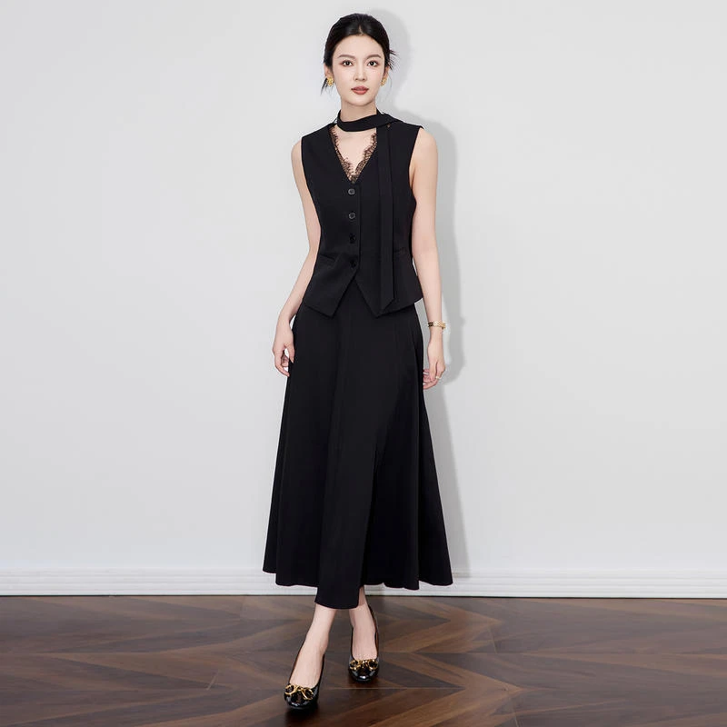 气质蕾丝V领背心夏季马甲+黑色半身裙套装女秋新款收腰显瘦知性