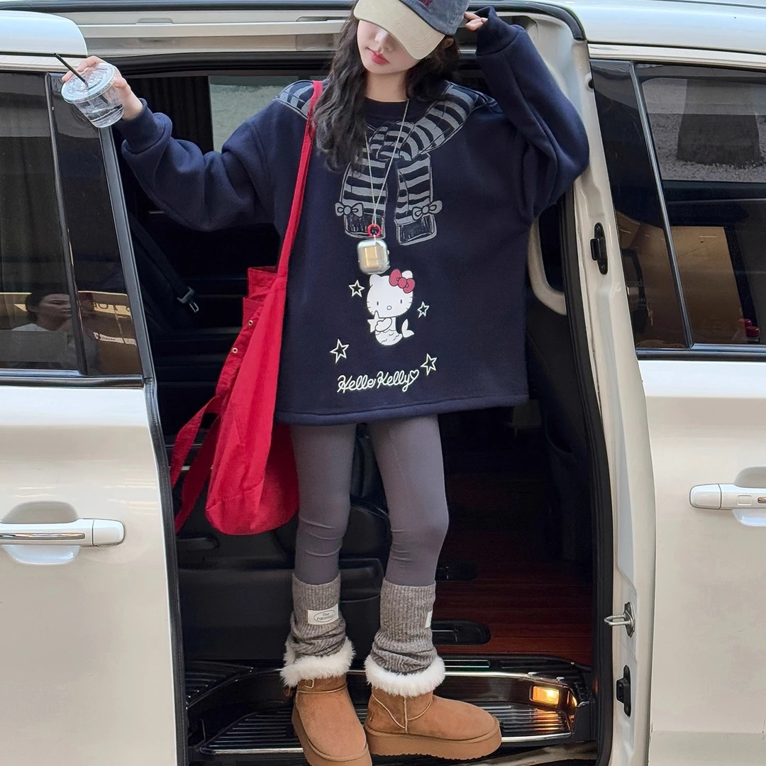 女童冬季卡通印花加绒卫衣儿童中长款加厚一体绒时尚百搭休闲上衣