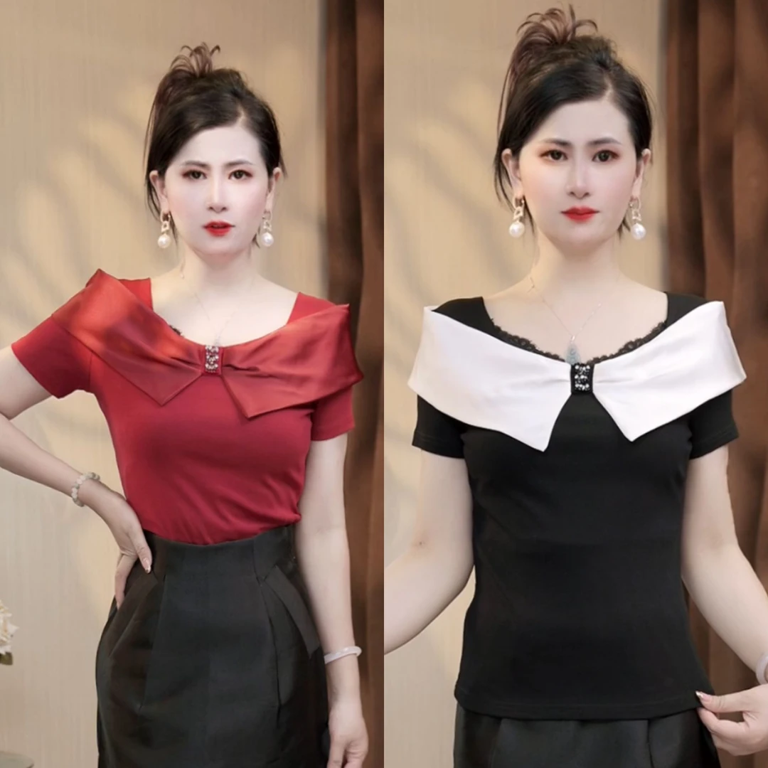 财阀千金女装短袖修身方领T恤时尚设计感洋气巴恩风显瘦气质百搭