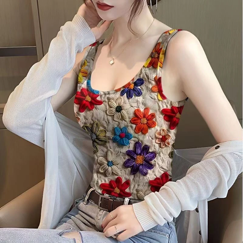 捡漏撞色背心女装2025印花新款夏季修身外穿显瘦无袖上衣打底衫