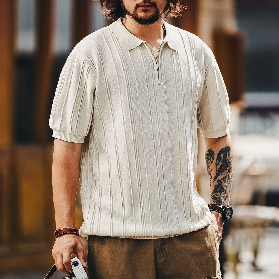 格蓝鹿高端日系肌理竖条纹polo衫男士夏季新款潮流半拉链针织短袖