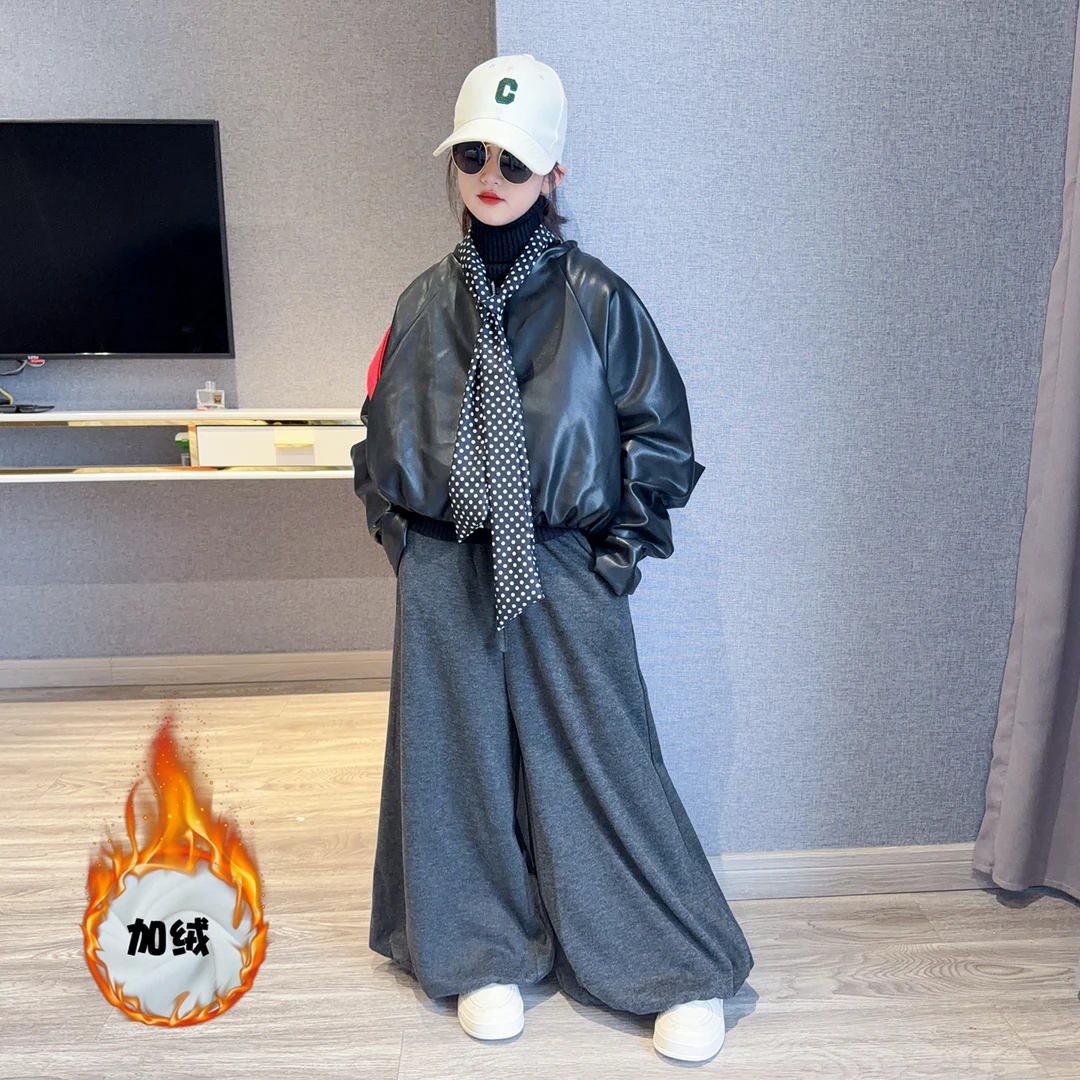 女童加绒外套冬装2025新款美拉德复古短款皮衣大童休闲机车夹克潮