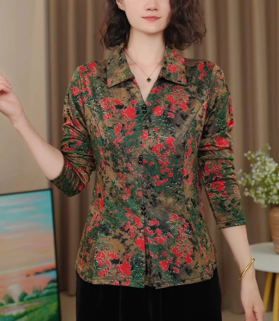秋季新款气质洋气衬衫领花色妈妈装上衣