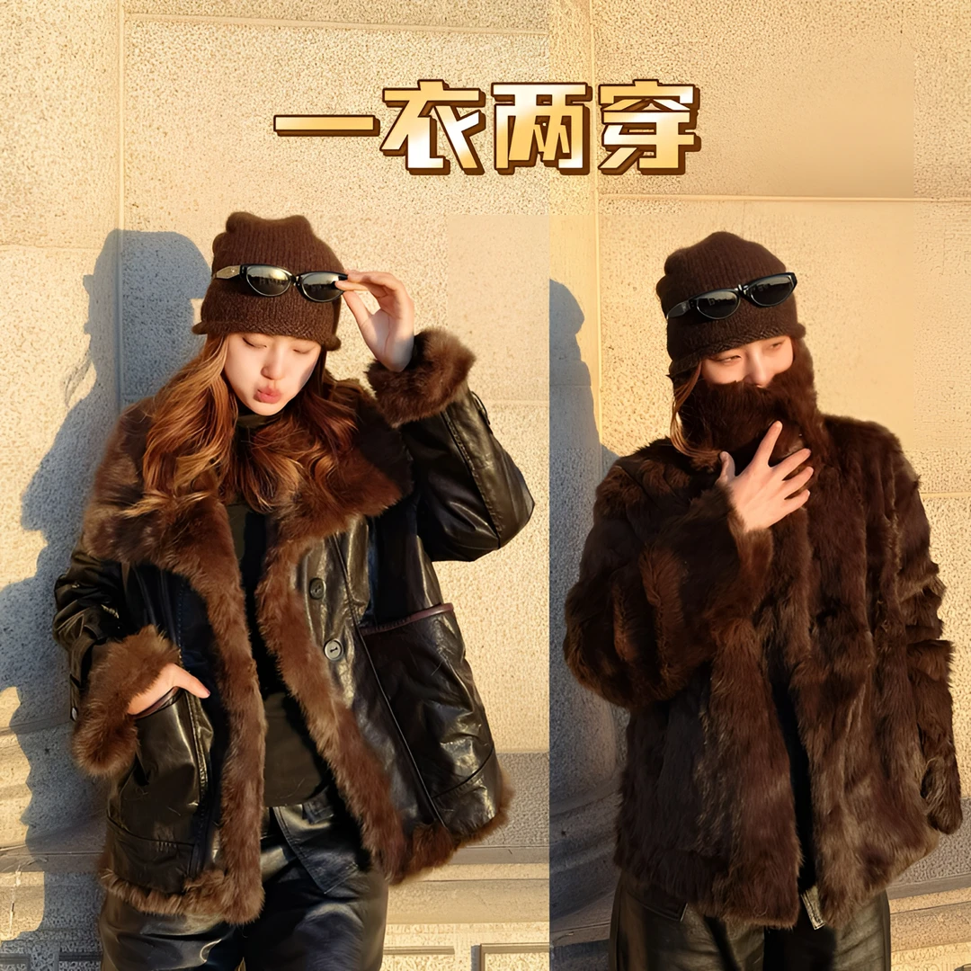 【MiDuo甄选-头层牛皮油蜡-安哥拉獭兔】2025冬新款一衣两穿外套女
