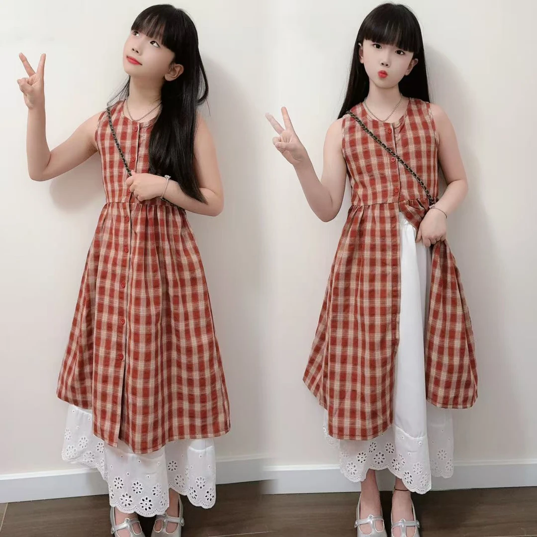 女童连衣裙夏季2025新款女大童韩系叠穿格子裙儿童夏装慵懒风裙子