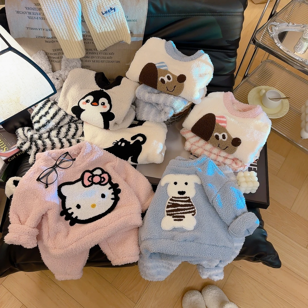 2025冬季家居新款卡通动漫洋气可爱厚款半边绒家居服套装