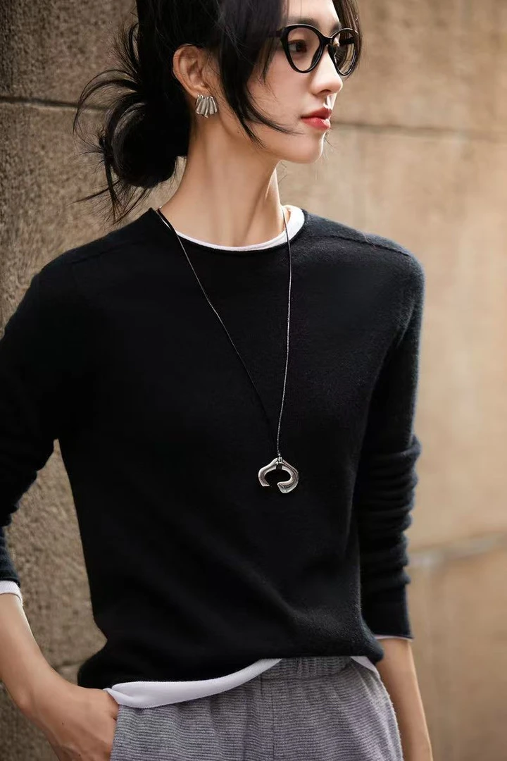 胸96-140长61纯色毛针织衫套头圆领长袖百搭上衣 7337