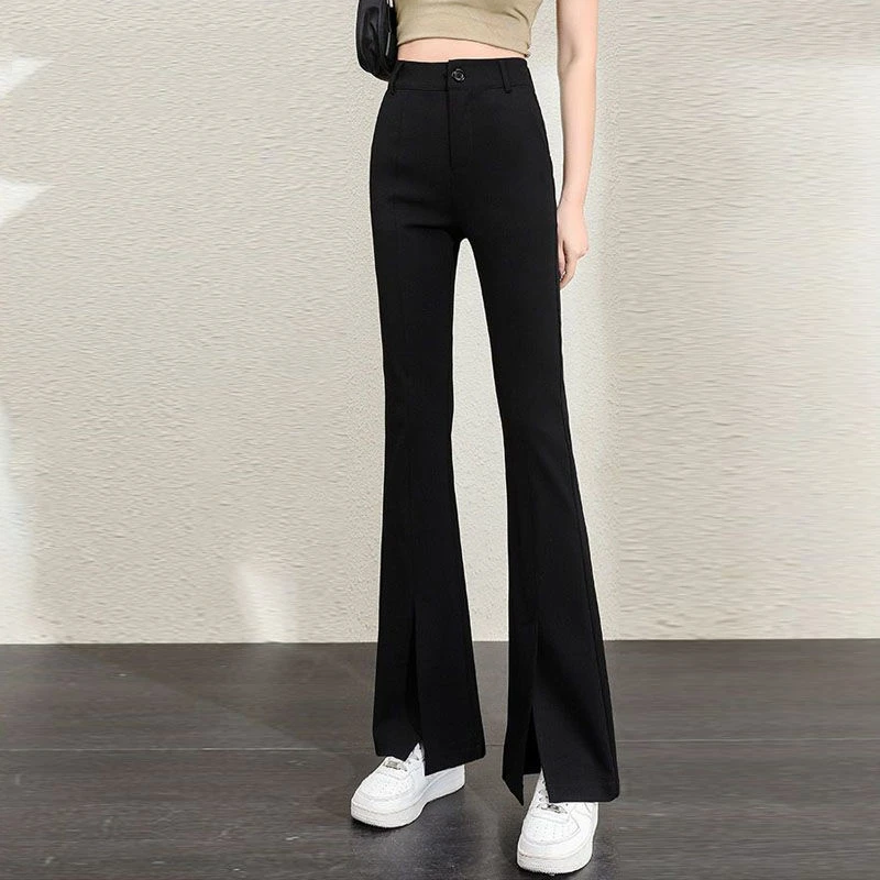 KALUOLAI/卡洛莱休闲喇叭裤女春秋新款高腰显瘦垂感开叉微喇裤子