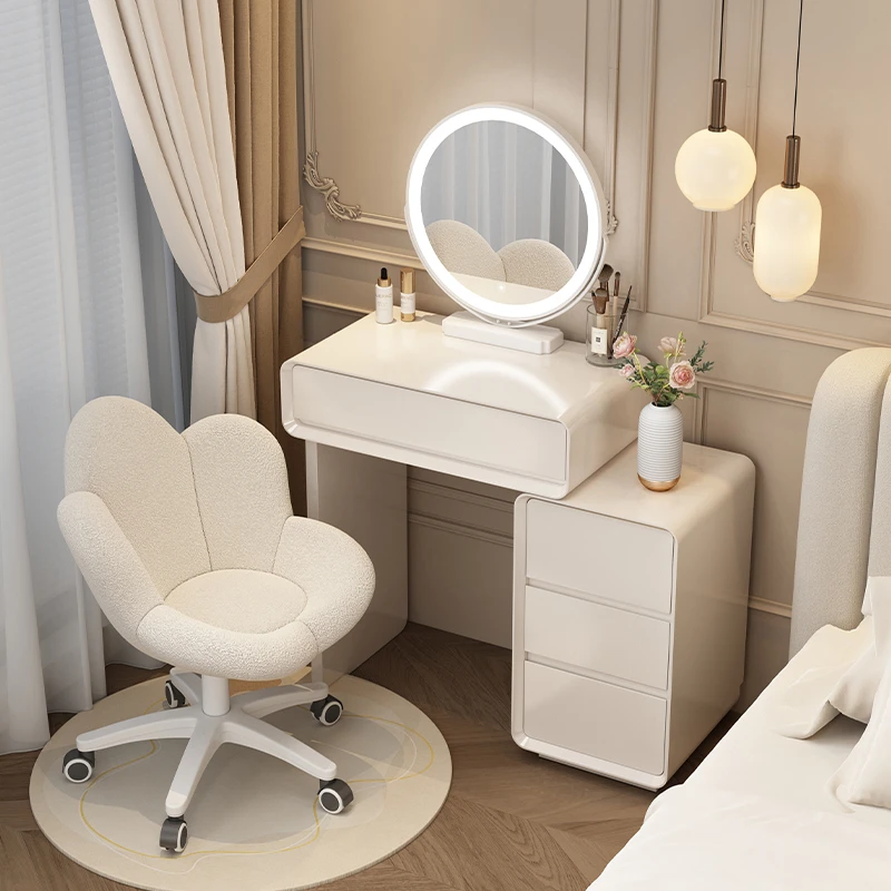 小户型实木烤漆梳妆台卧室现代简约奶油风高级感收纳柜化妆桌60cm