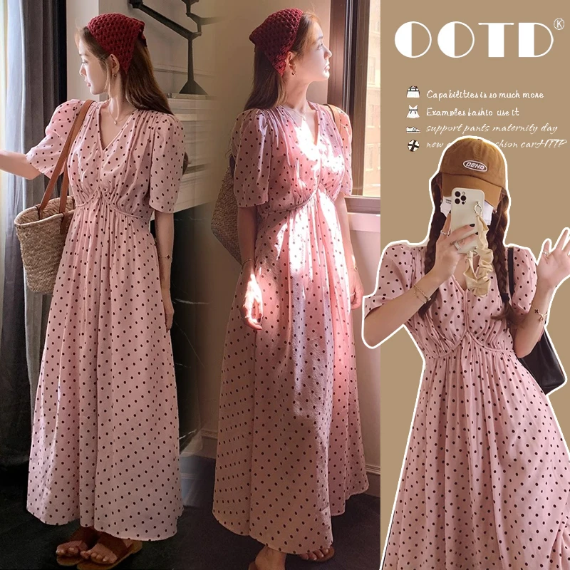 时尚孕妇夏季新款波点气质泡泡袖孕妇连衣裙法式洋气中长款连衣裙