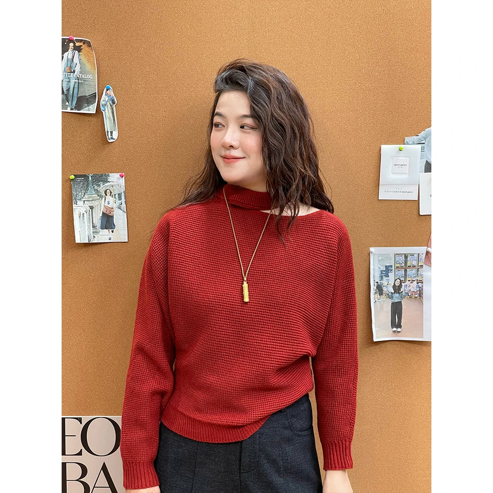 WenWen小个子2025秋冬新款肌理感半挂脖蝙蝠袖针织上衣毛衣4599