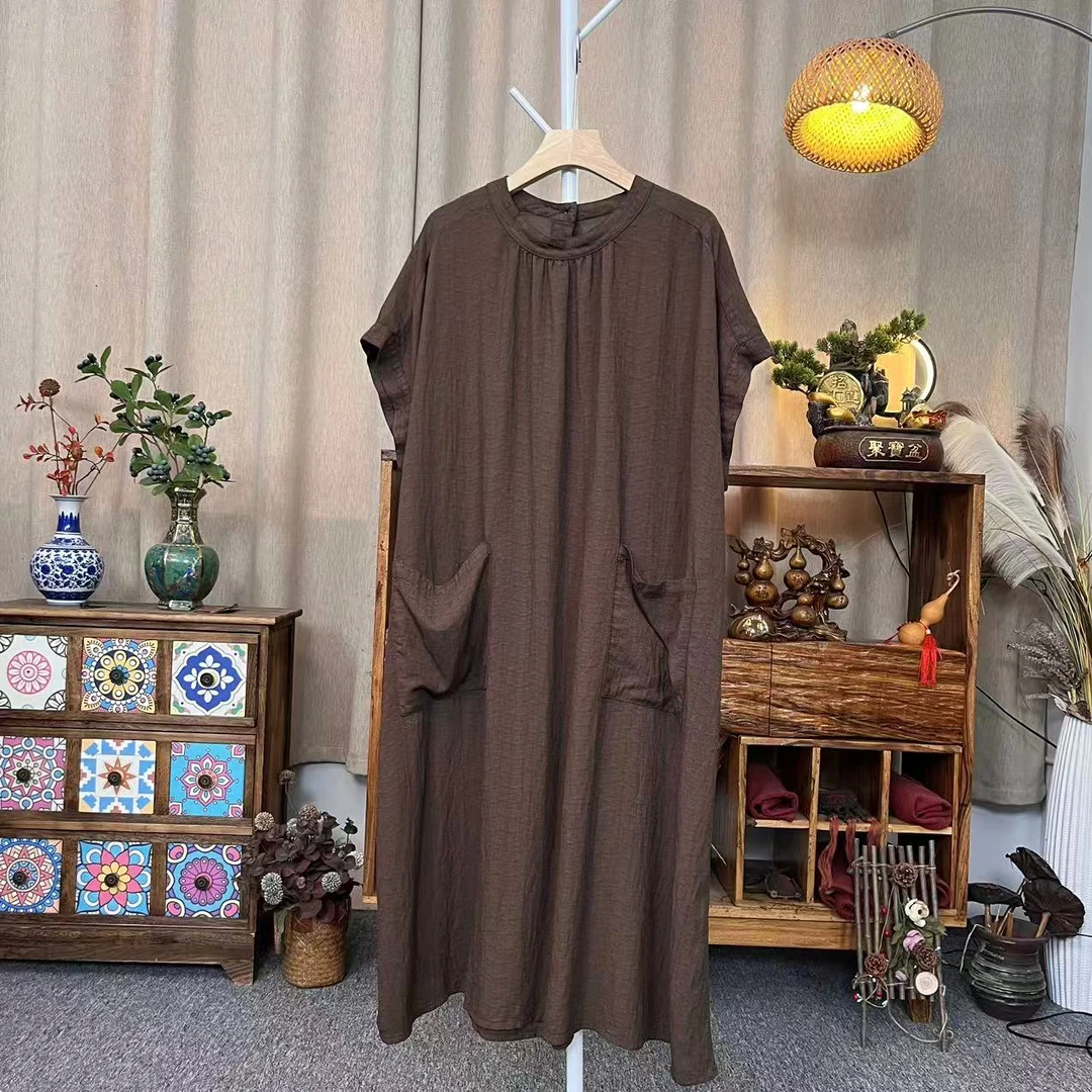 花璟与麻原创设计做旧圆领打杆连衣裙（裙长108胸围152）