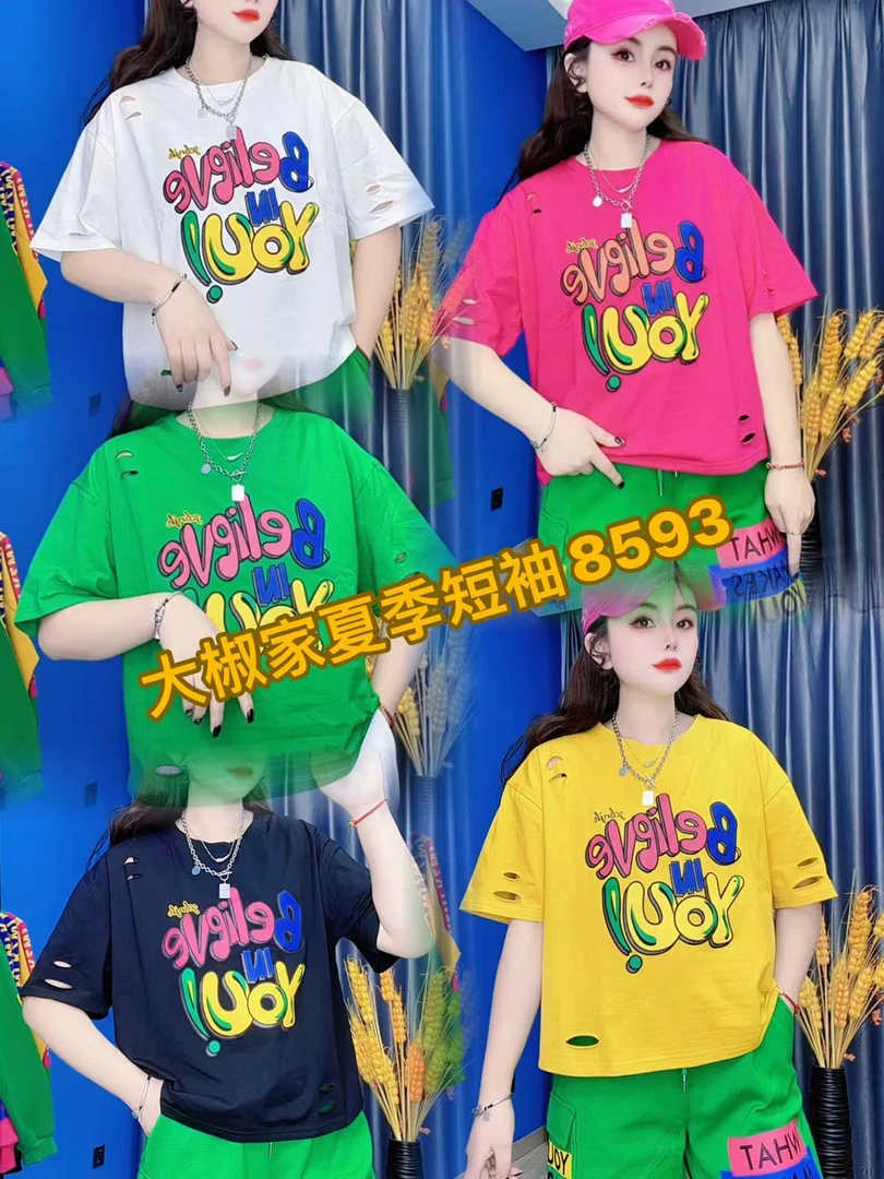 8593大椒家夏季新款休闲时尚宽松圆领印花个性潮流女T恤