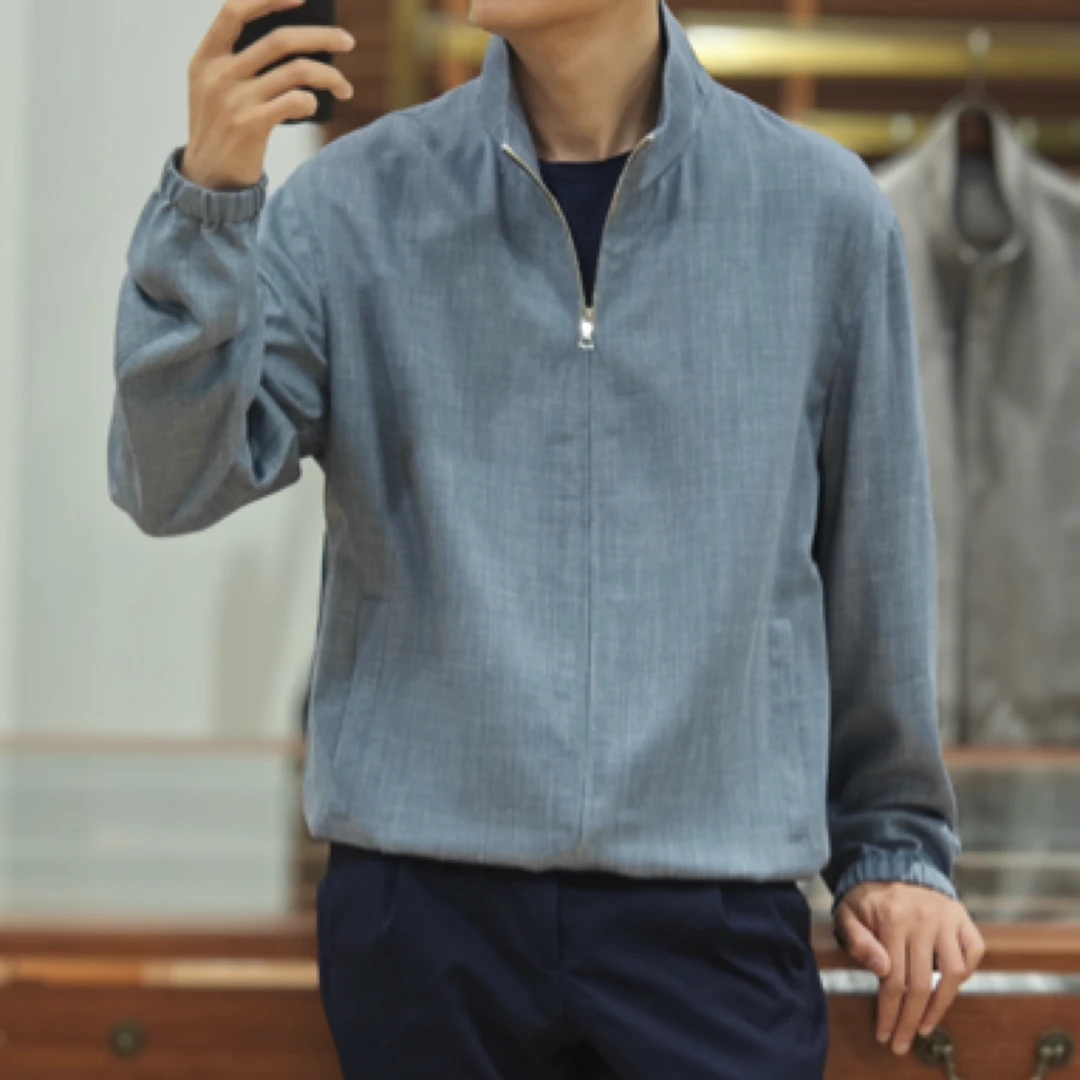 L*夏季丝麻毛冰川蓝bomber