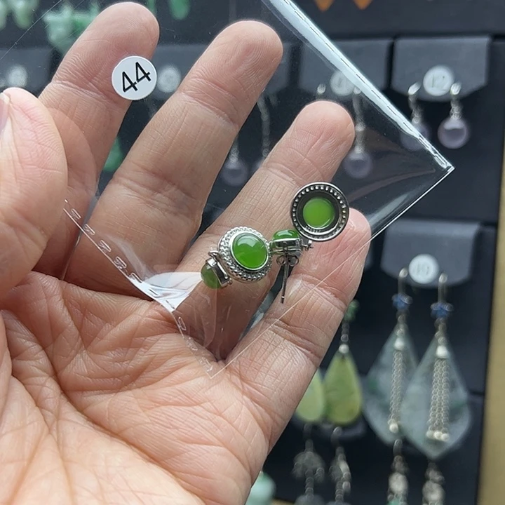 和田玉（碧玉）耳饰银S925镶嵌秋*