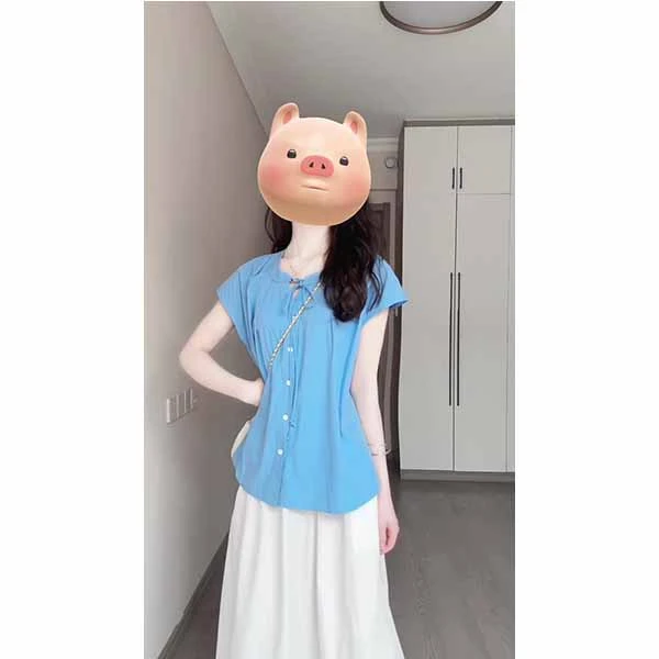 今年流行独特漂亮上衣气质高级感蓝色系带短袖衬衫女夏长裙套装