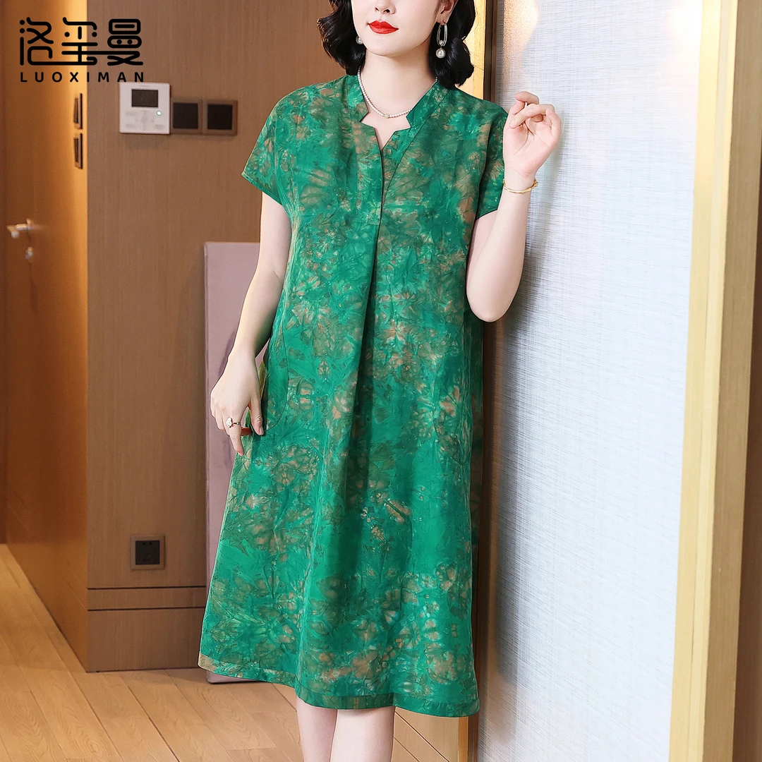 洛玺曼香云纱双面穿连衣裙V领扎染宽松腰中年妈妈气质百搭时尚裙