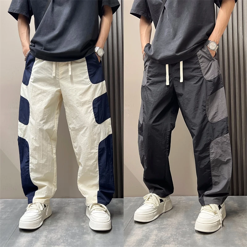 夏季薄款休闲裤撞色宽松速干长裤男士潮流拼接痞帅休闲裤薄百搭