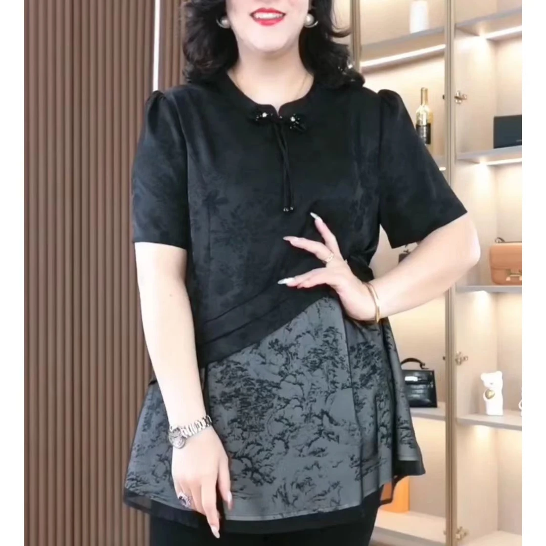 夏季新款时大码女装假两件中式盘扣提花时尚气质显瘦ZB5908