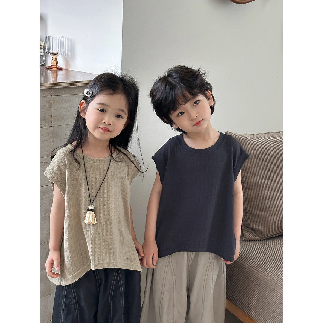 2025儿童夏季新款纯色坑条短袖T恤男女宝宝简约无袖背心