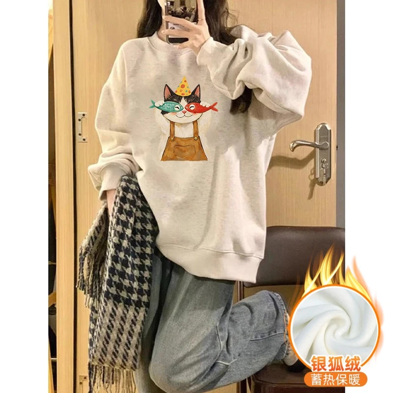 白灰色小猫圆领卫衣女2025秋冬新款加绒加厚宽松大码套头衫上衣潮