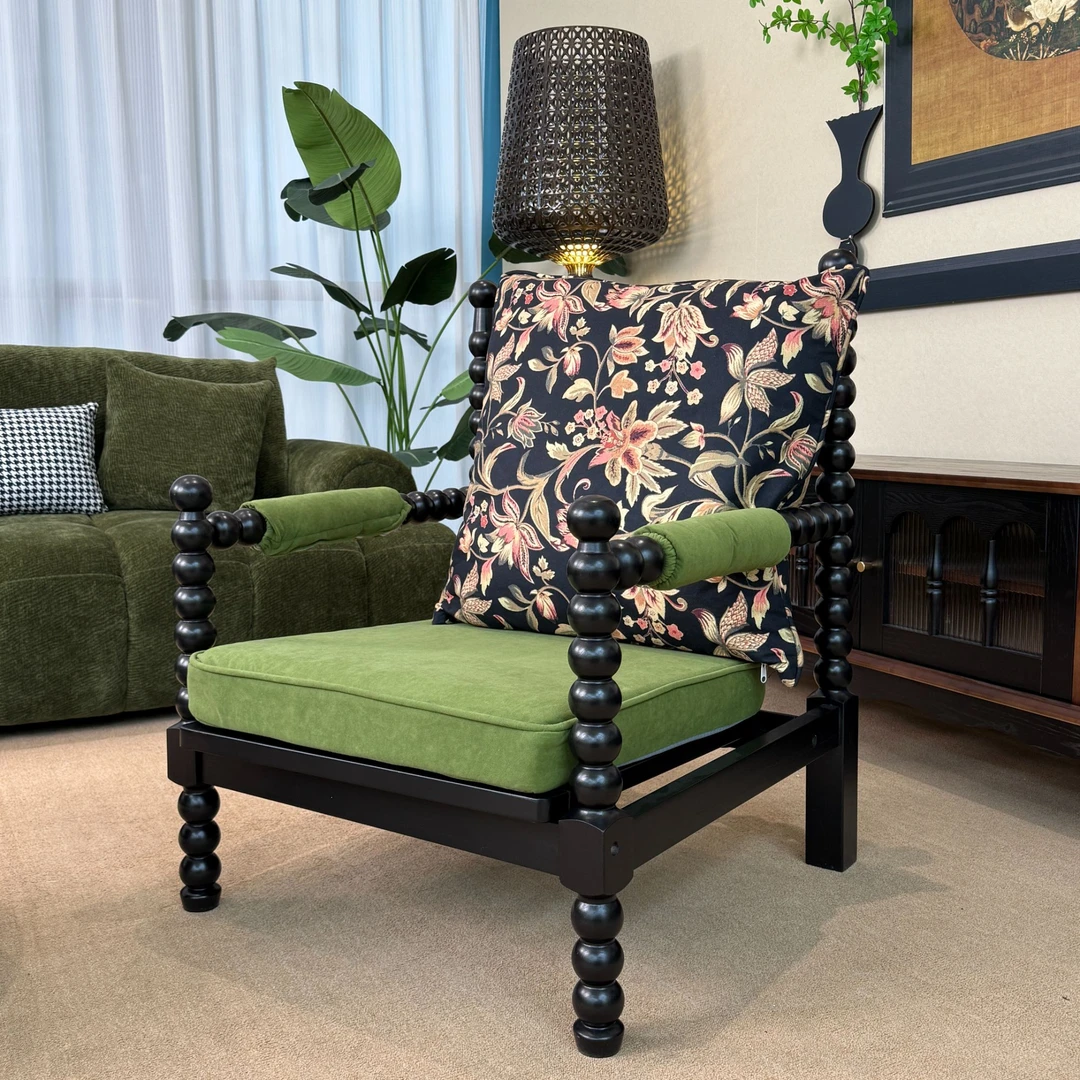 美式复古珍珠椅设计师高级单人沙发椅美式客厅实木布艺休闲老虎椅