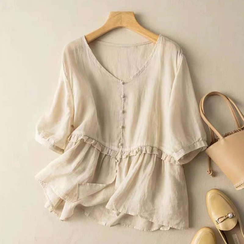2025夏大码女装短袖上衣娃娃衫宽松文艺遮肉百搭T恤套头小衫8268