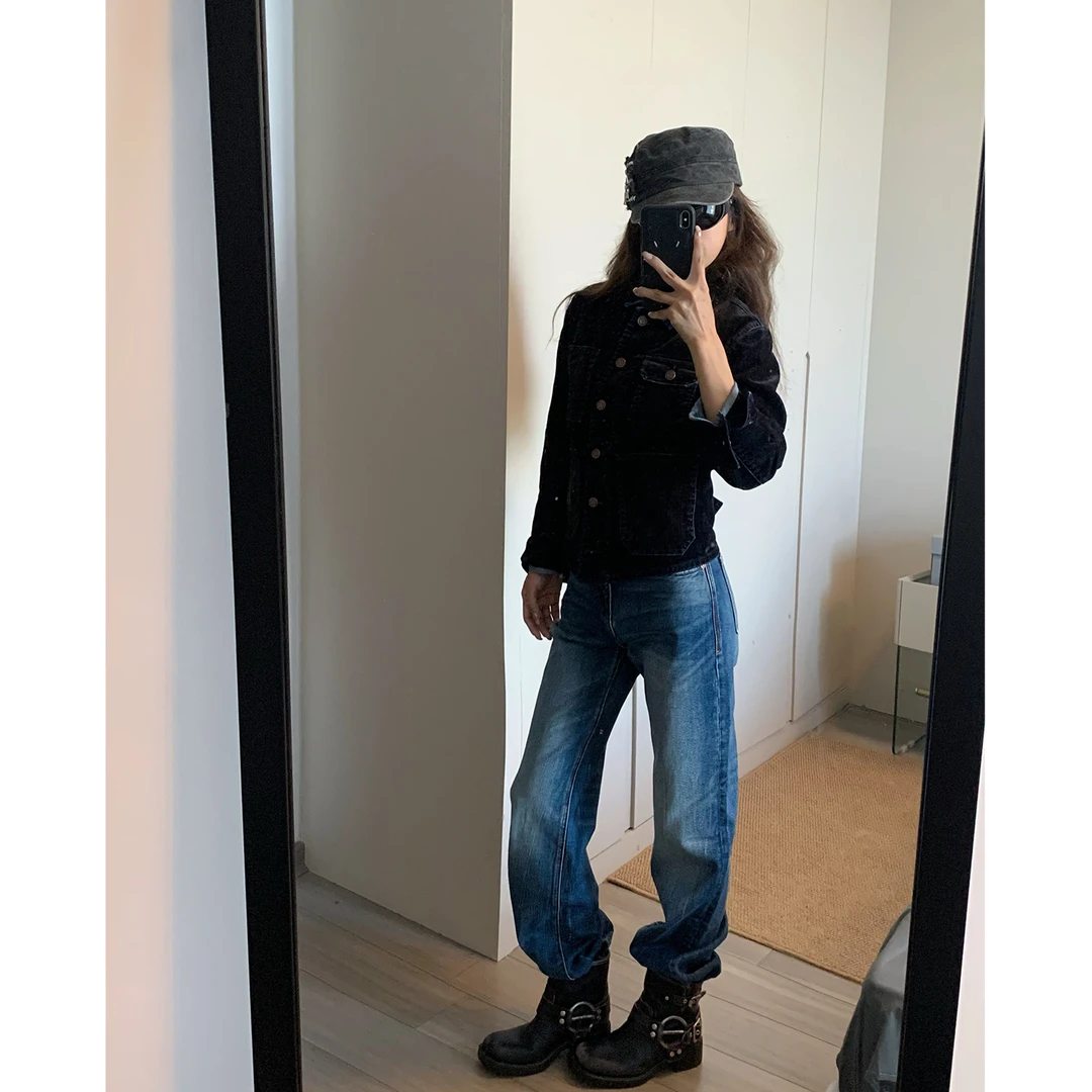 留下 1992 早秋新品百搭显瘦窄版直筒裤女重工水洗蓝色牛仔裤女