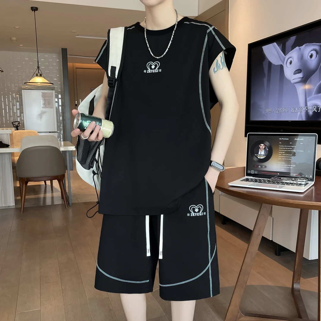 无袖套装男青少年ins透气休闲运动速干薄款学生宽松潮流夏季套装