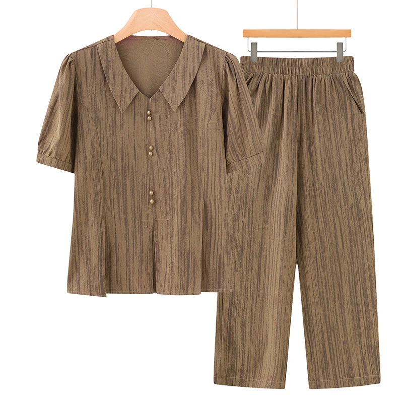 大码夏季妈妈衬衫短袖两件套时尚透气亲肤显瘦气质套装BD16018408