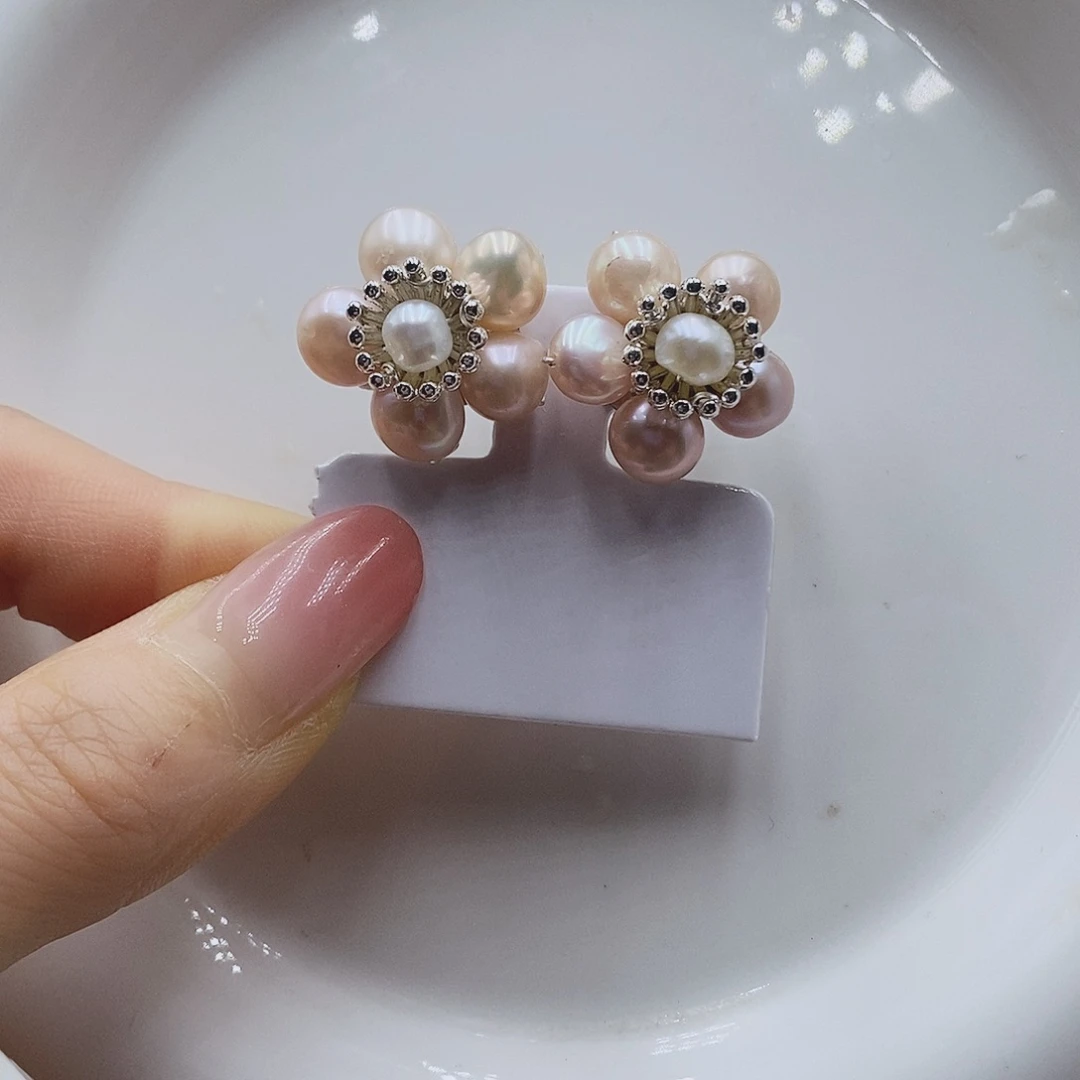 耳饰银S925镶嵌淡水珍珠