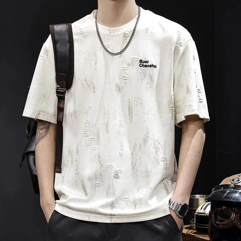 云染破洞短袖t恤男士夏季新款宽松大码高端轻奢衣服美式潮牌体恤