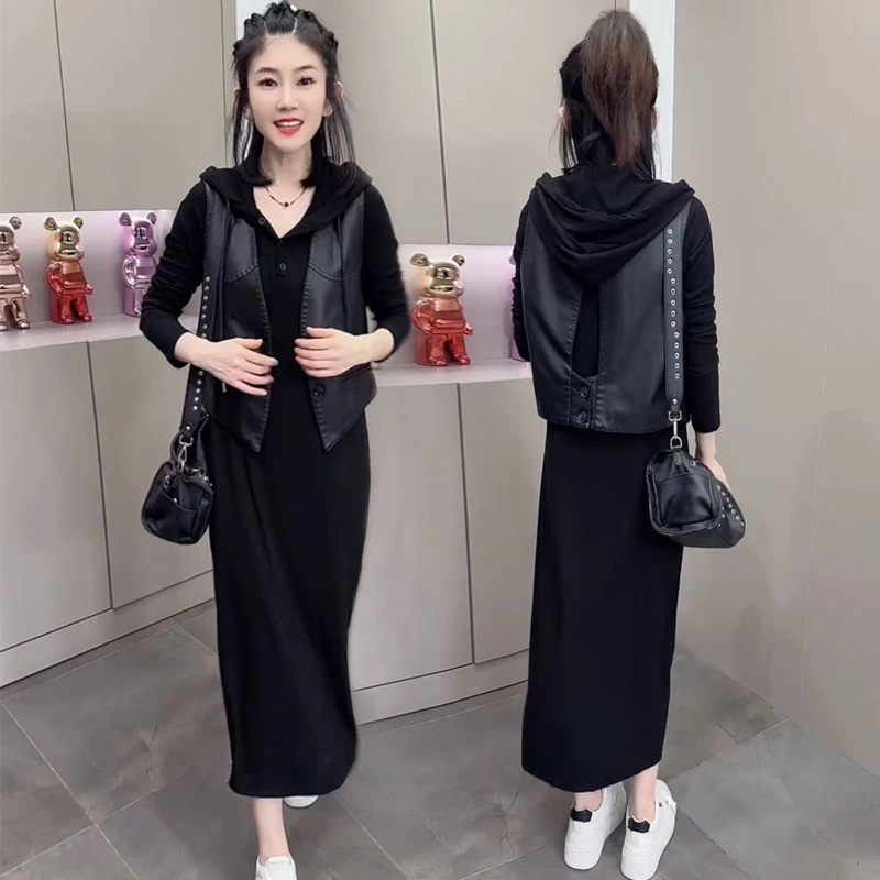 网红爆款套装秋季外穿时尚百搭PU马甲+连帽连衣裙气质休闲两件套
