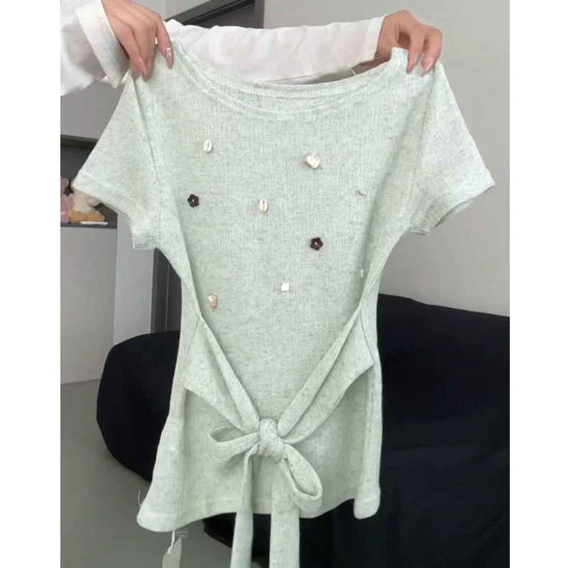 温柔薄荷绿贝壳立体装饰蝴蝶结绑带短袖女2025夏新款宽松显瘦上衣